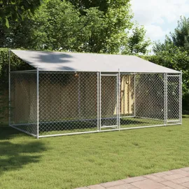 jardin-terroir.com - Cage pour chien avec toit et portes gris 4x2x2m acier galvanisé