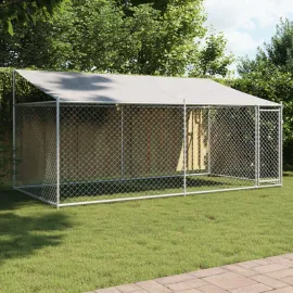 jardin-terroir.com - Cage pour chien avec toit et porte gris 4x2x2 m acier galvanisé