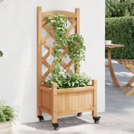 jardin-terroir.com - Jardinière avec treillis et roues marron bois massif de sapin
