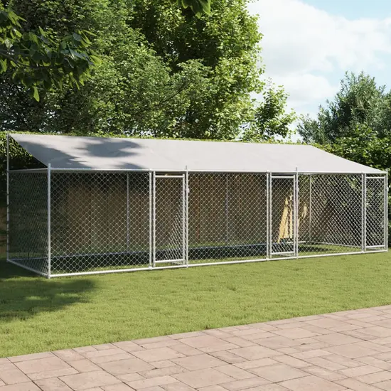 jardin-terroir.com - Cage pour chien avec toit et portes gris 6x2x2m acier galvanisé