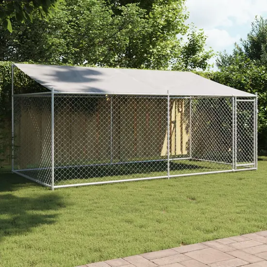 jardin-terroir.com - Cage pour chien avec toit et porte gris 4x2x2 m acier galvanisé