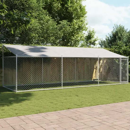 jardin-terroir.com - Cage pour chien avec toit et porte gris 6x2x2 m acier galvanisé
