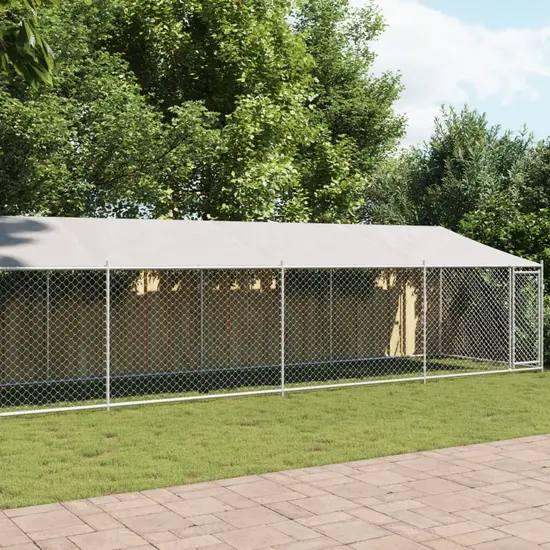 jardin-terroir.com - Cage pour chien avec toit et porte gris 10x2x2m acier galvanisé