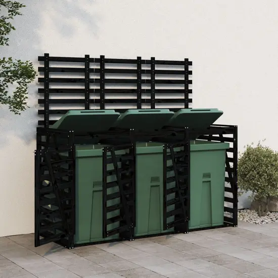jardin-terroir.com - Abri pour poubelle triple sur roulettes noir bois massif de pin